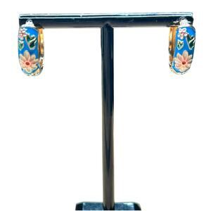 Blue Pink Floral Enamel Huggie Hoop Earrings w/ Hinge Gold Tone Secure Closure